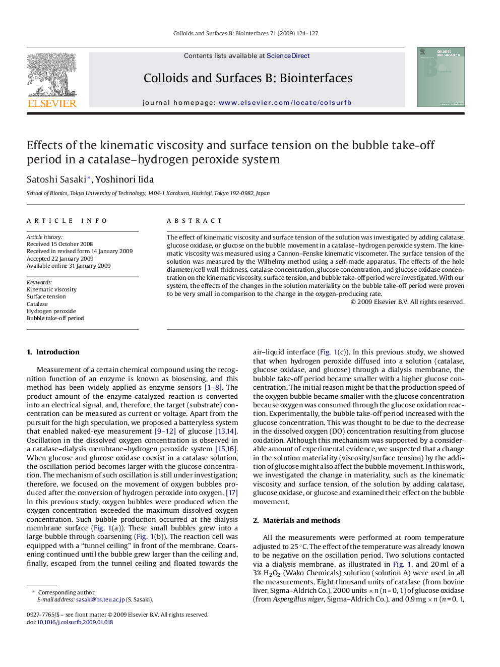 Effects of the kinematic viscosity and surface tension on the bubble take-off period in a catalase–hydrogen peroxide system