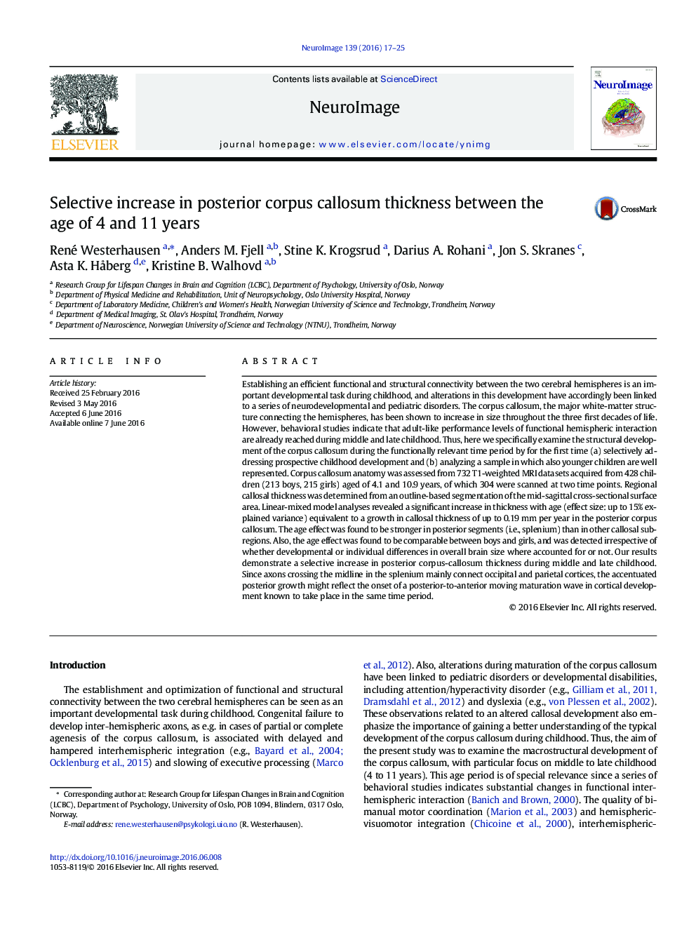 Selective increase in posterior corpus callosum thickness between the age of 4 and 11Â years