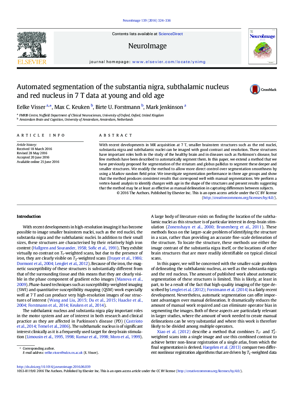 Automated segmentation of the substantia nigra, subthalamic nucleus and red nucleus in 7Â T data at young and old age