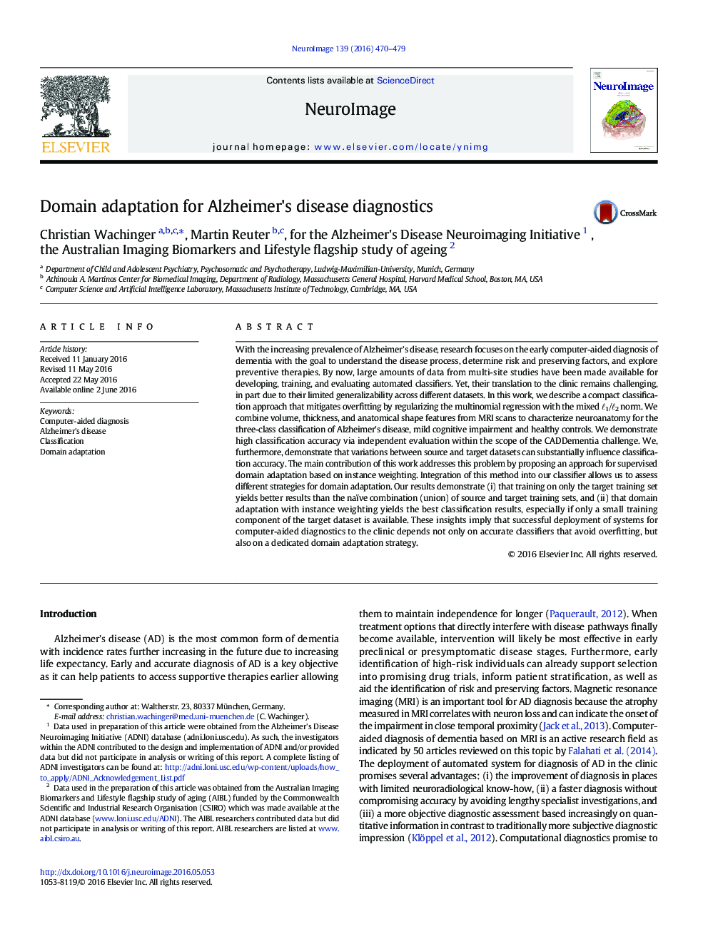 Domain adaptation for Alzheimer's disease diagnostics