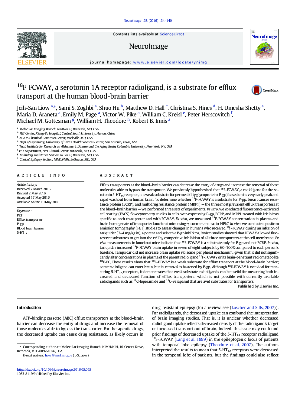 18F-FCWAY, a serotonin 1A receptor radioligand, is a substrate for efflux transport at the human blood-brain barrier