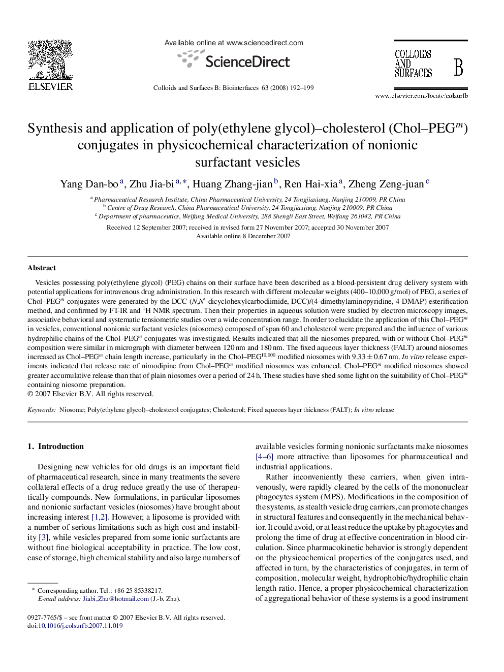 Synthesis and application of poly(ethylene glycol)–cholesterol (Chol–PEGm) conjugates in physicochemical characterization of nonionic surfactant vesicles