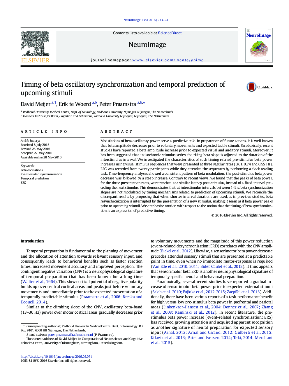 Timing of beta oscillatory synchronization and temporal prediction of upcoming stimuli