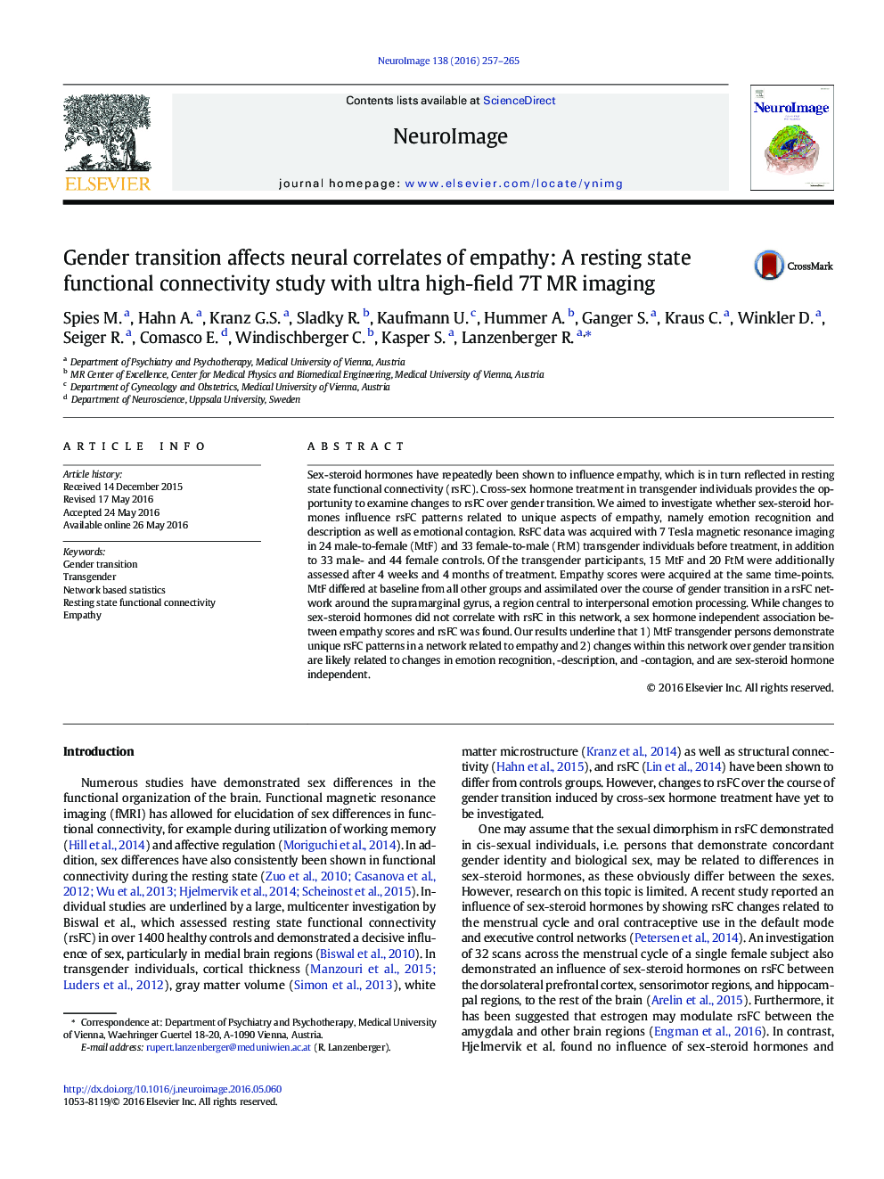 Gender transition affects neural correlates of empathy: A resting state functional connectivity study with ultra high-field 7T MR imaging