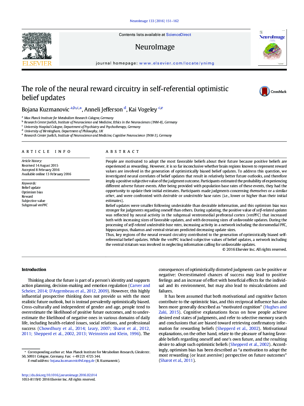 The role of the neural reward circuitry in self-referential optimistic belief updates