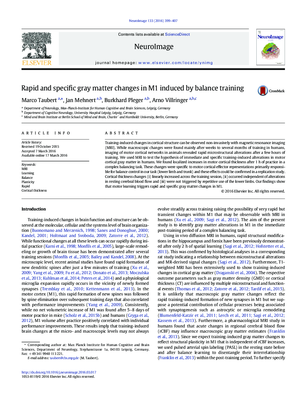 Rapid and specific gray matter changes in M1 induced by balance training