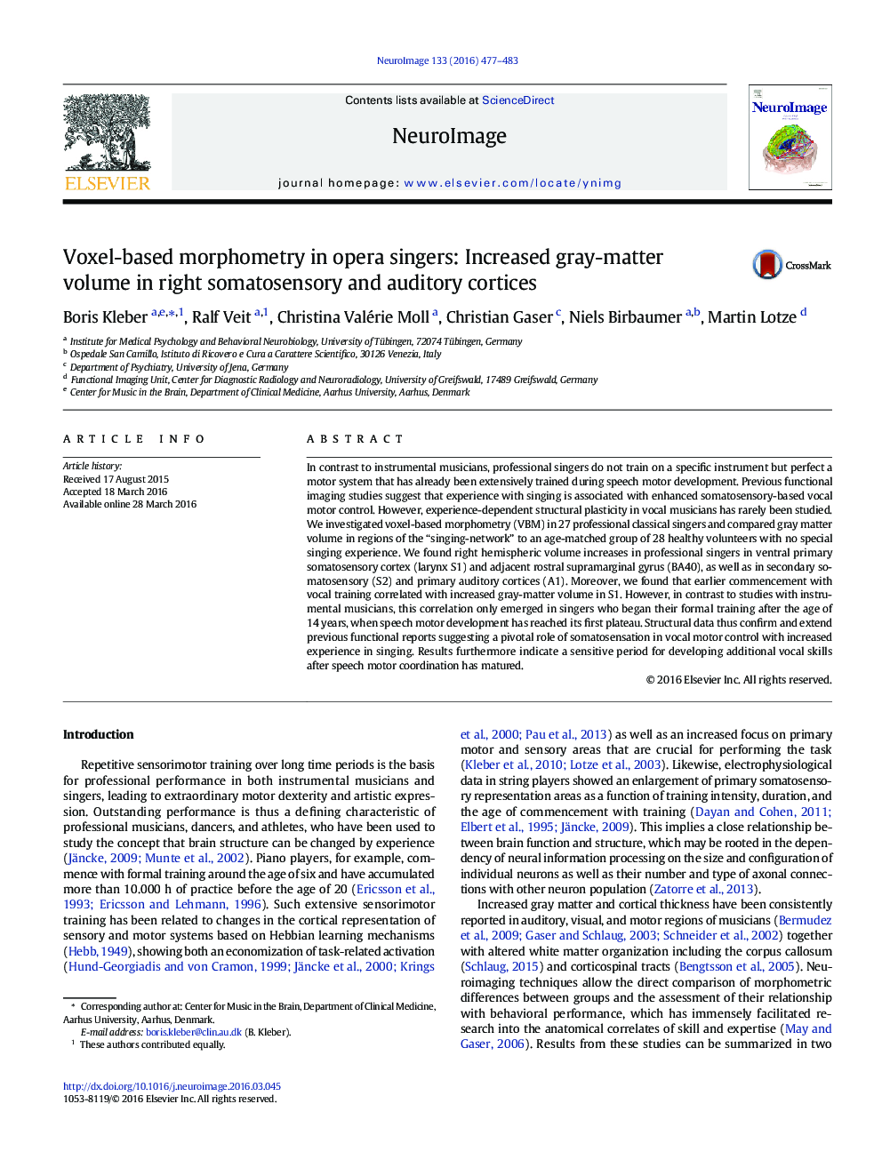 Voxel-based morphometry in opera singers: Increased gray-matter volume in right somatosensory and auditory cortices