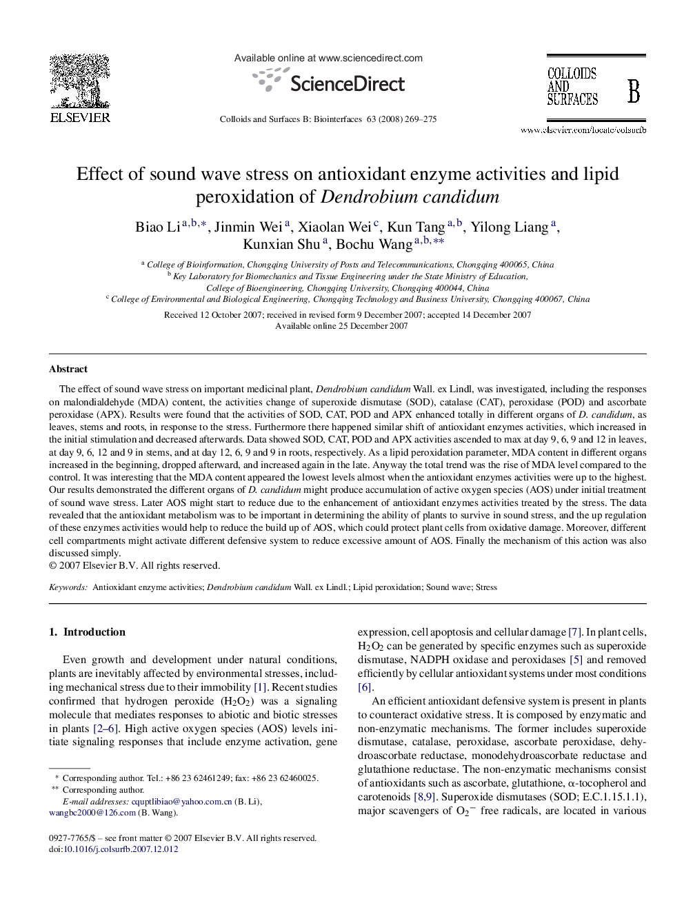 Effect of sound wave stress on antioxidant enzyme activities and lipid peroxidation of Dendrobium candidum