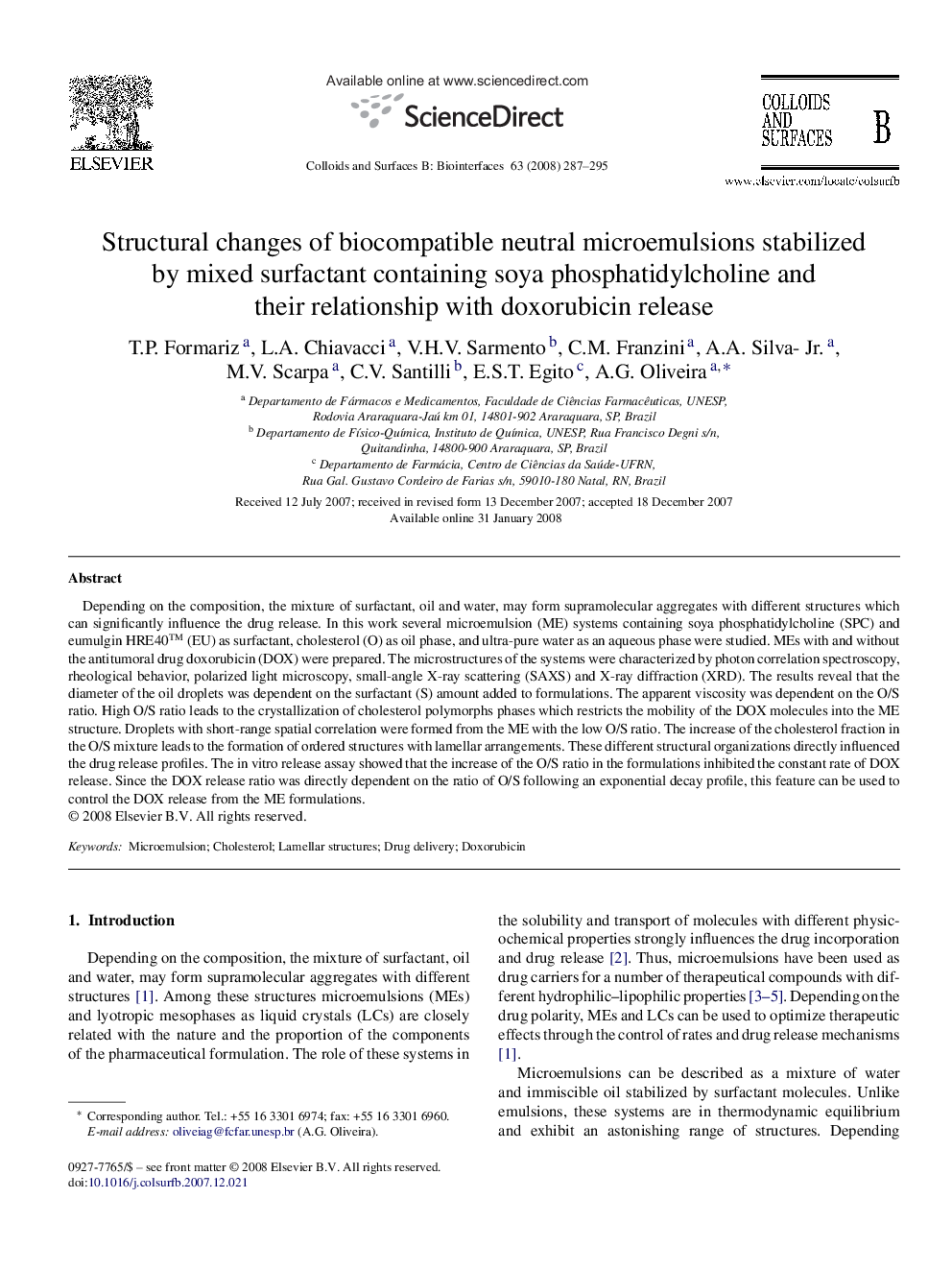 Structural changes of biocompatible neutral microemulsions stabilized by mixed surfactant containing soya phosphatidylcholine and their relationship with doxorubicin release