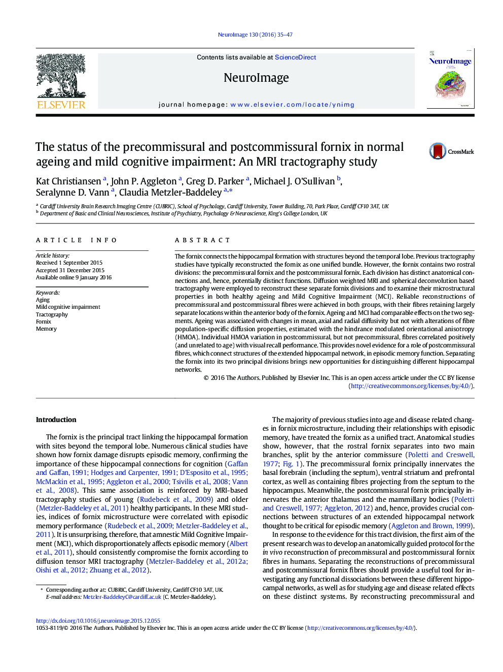 The status of the precommissural and postcommissural fornix in normal ageing and mild cognitive impairment: An MRI tractography study