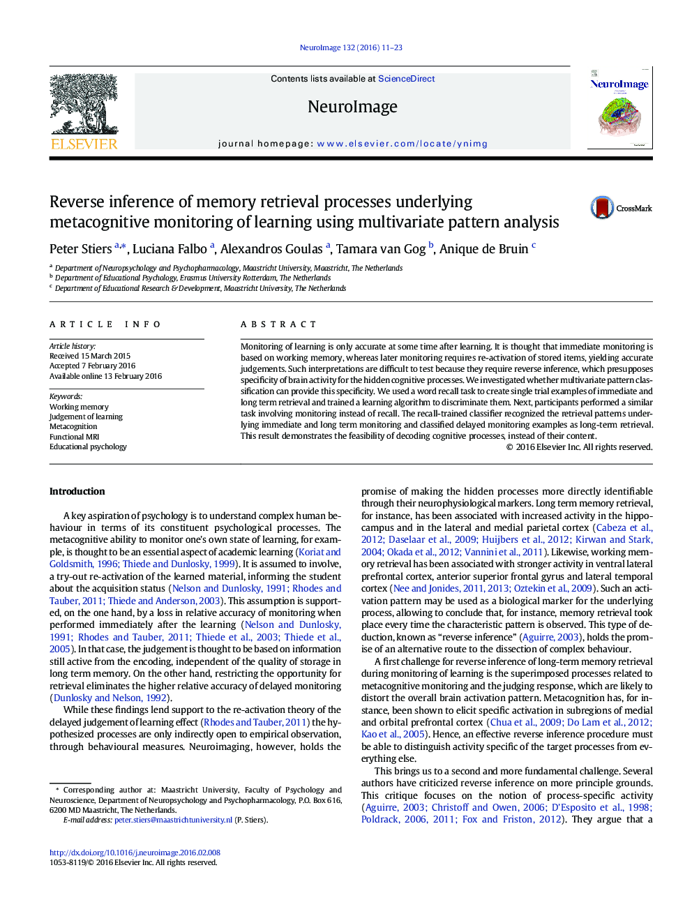 Reverse inference of memory retrieval processes underlying metacognitive monitoring of learning using multivariate pattern analysis
