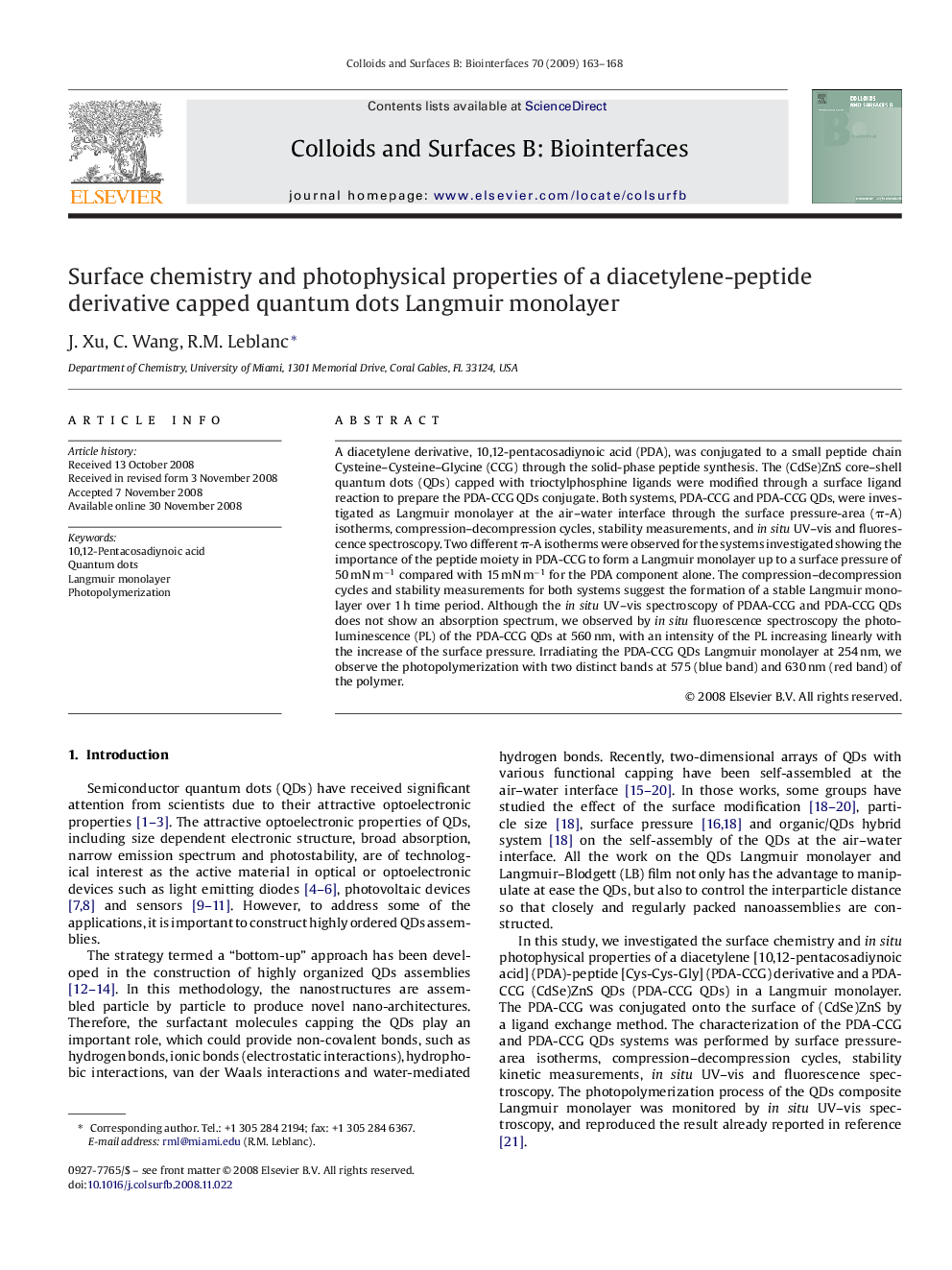 عکس صفحه اول مقاله: Surface chemistry and photophysical properties of a diacetylene-peptide derivative capped quantum dots Langmuir monolayer Surface chemistry and photophysical properties of a diacetylene-peptide derivative capped quantum dots Langmuir monolayer
