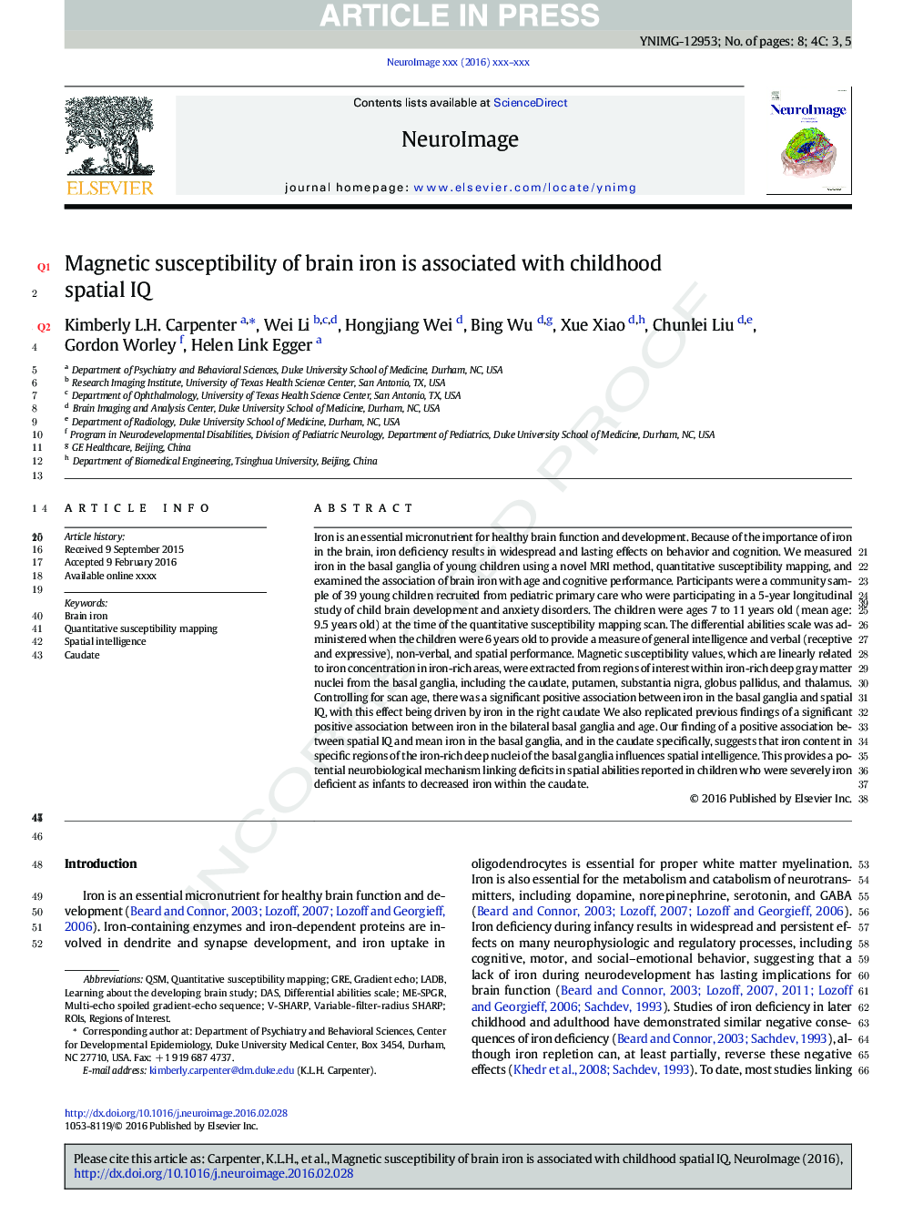 Magnetic susceptibility of brain iron is associated with childhood spatial IQ