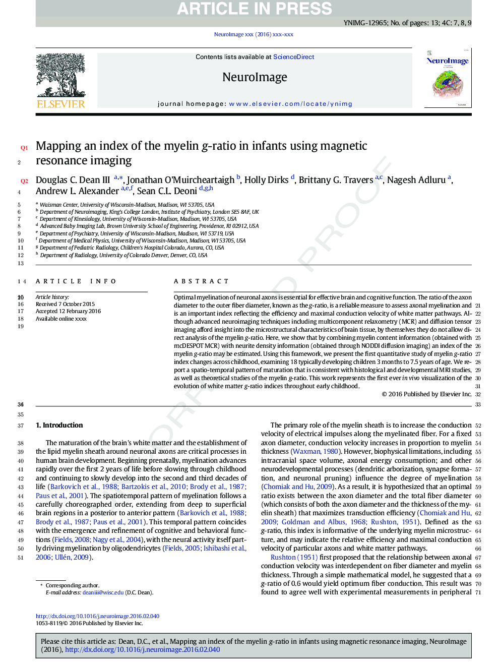 Mapping an index of the myelin g-ratio in infants using magnetic resonance imaging