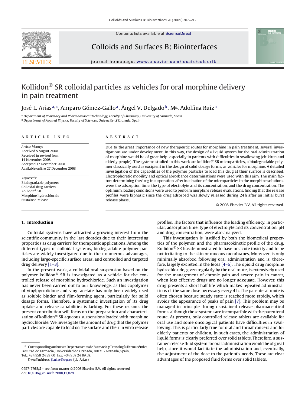 Kollidon® SR colloidal particles as vehicles for oral morphine delivery in pain treatment