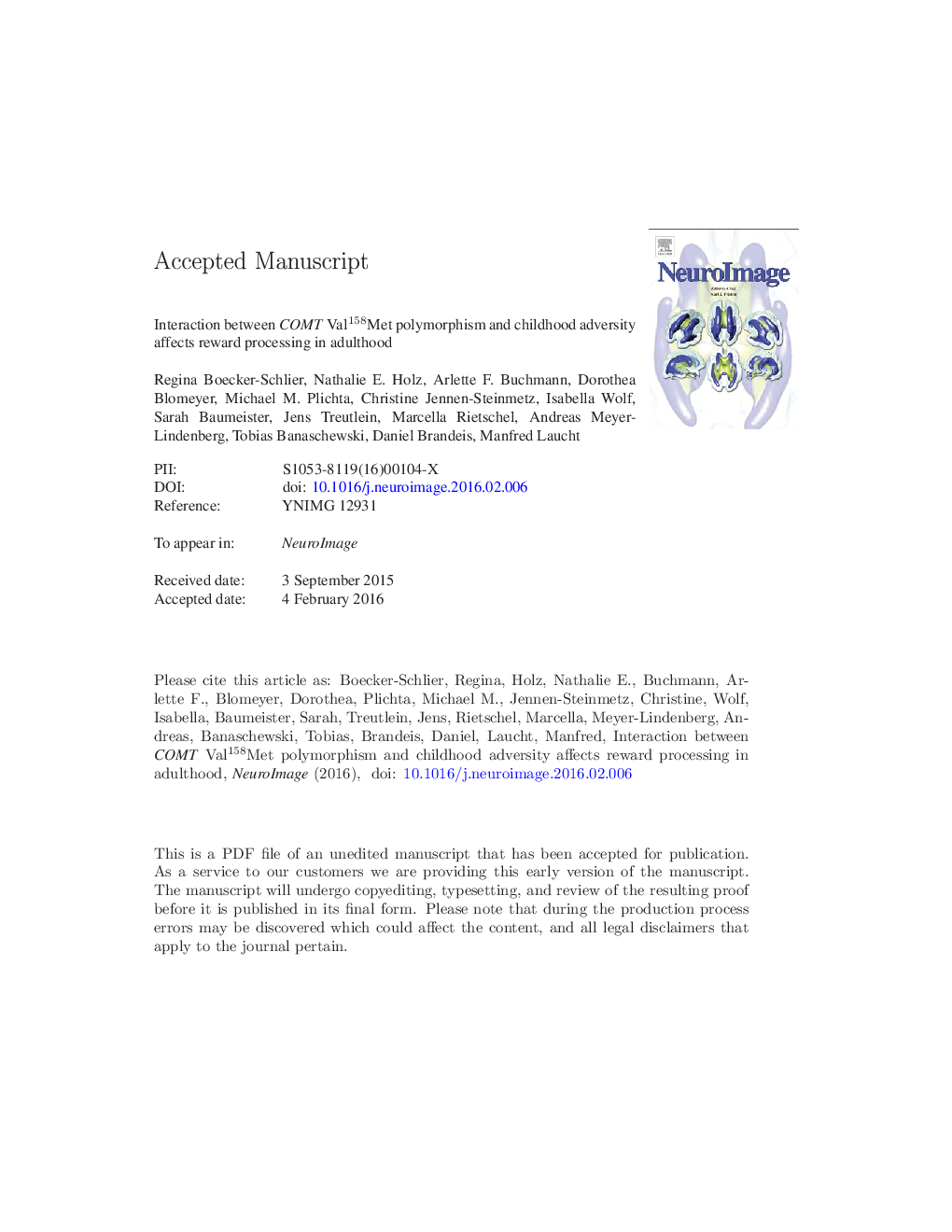 Interaction between COMT Val158Met polymorphism and childhood adversity affects reward processing in adulthood