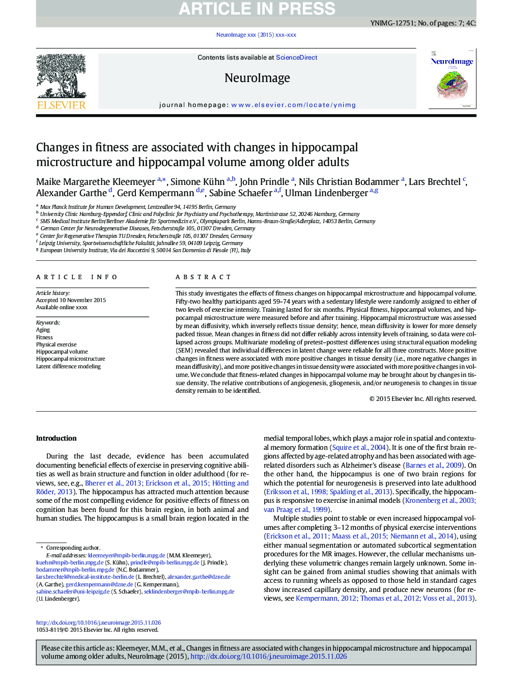 Changes in fitness are associated with changes in hippocampal microstructure and hippocampal volume among older adults