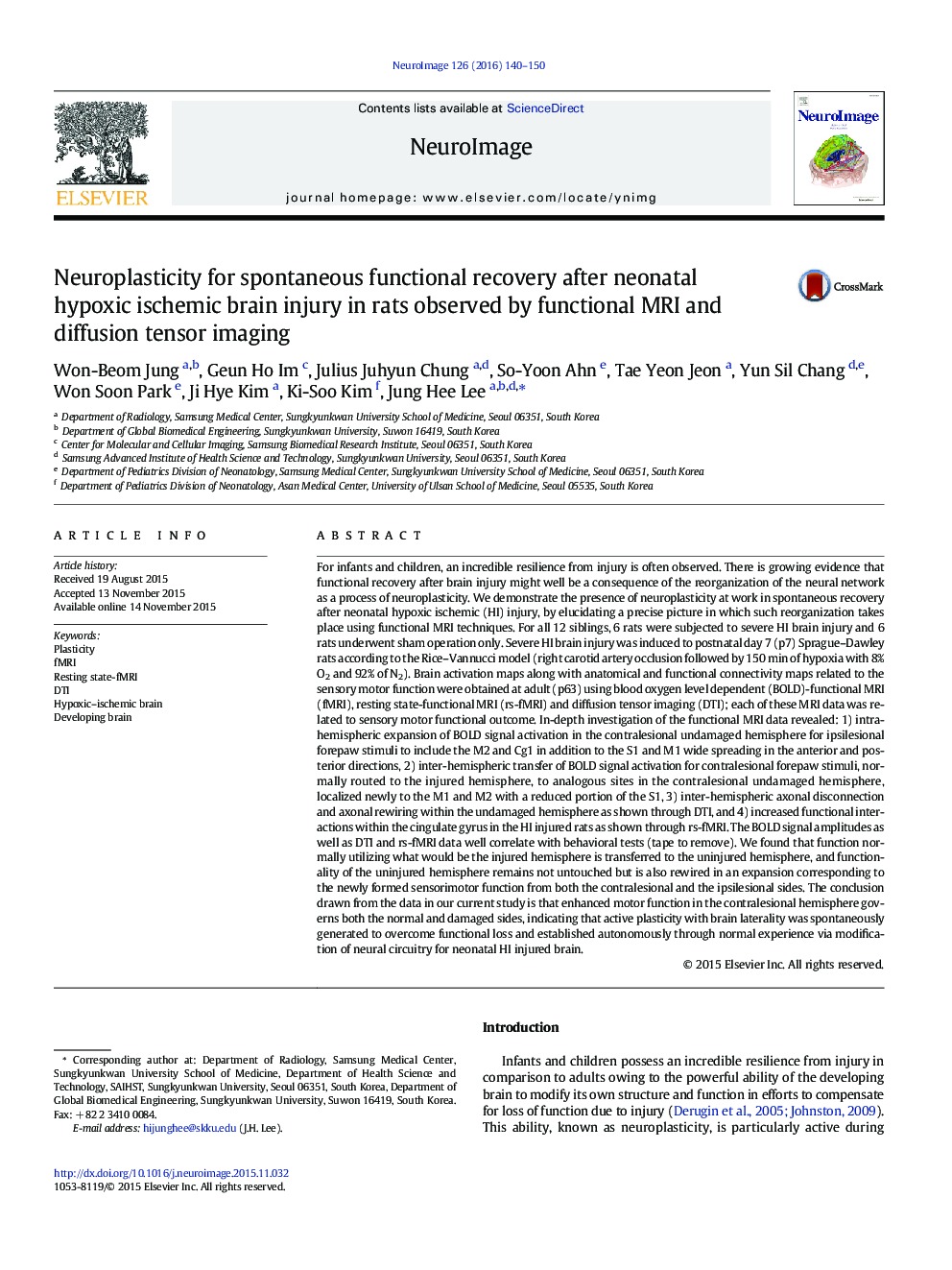 Neuroplasticity for spontaneous functional recovery after neonatal hypoxic ischemic brain injury in rats observed by functional MRI and diffusion tensor imaging