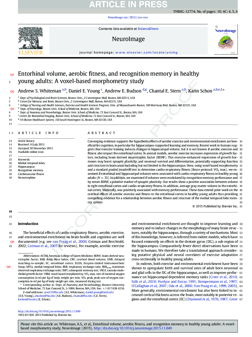 Entorhinal volume, aerobic fitness, and recognition memory in healthy young adults: A voxel-based morphometry study