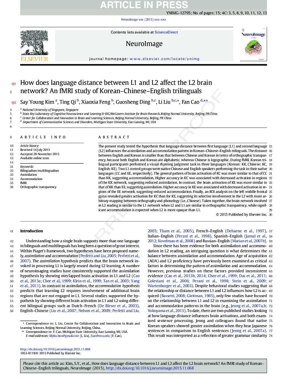 How does language distance between L1 and L2 affect the L2 brain network? An fMRI study of Korean-Chinese-English trilinguals