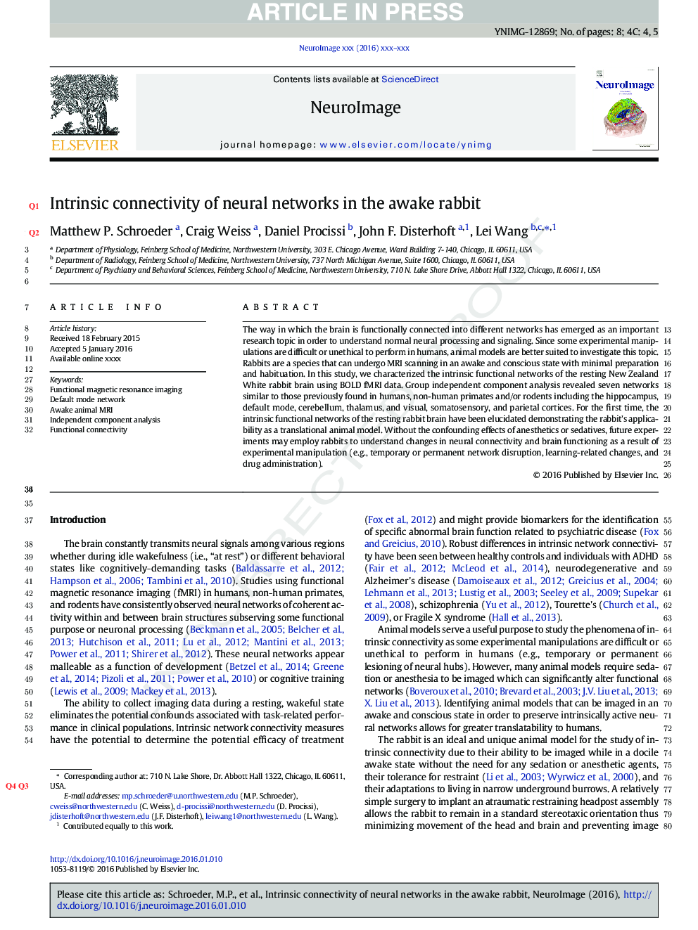 Intrinsic connectivity of neural networks in the awake rabbit