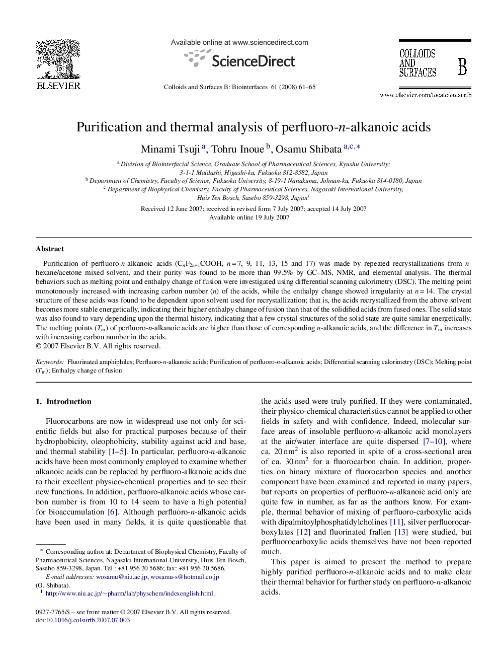 Purification and thermal analysis of perfluoro-n-alkanoic acids