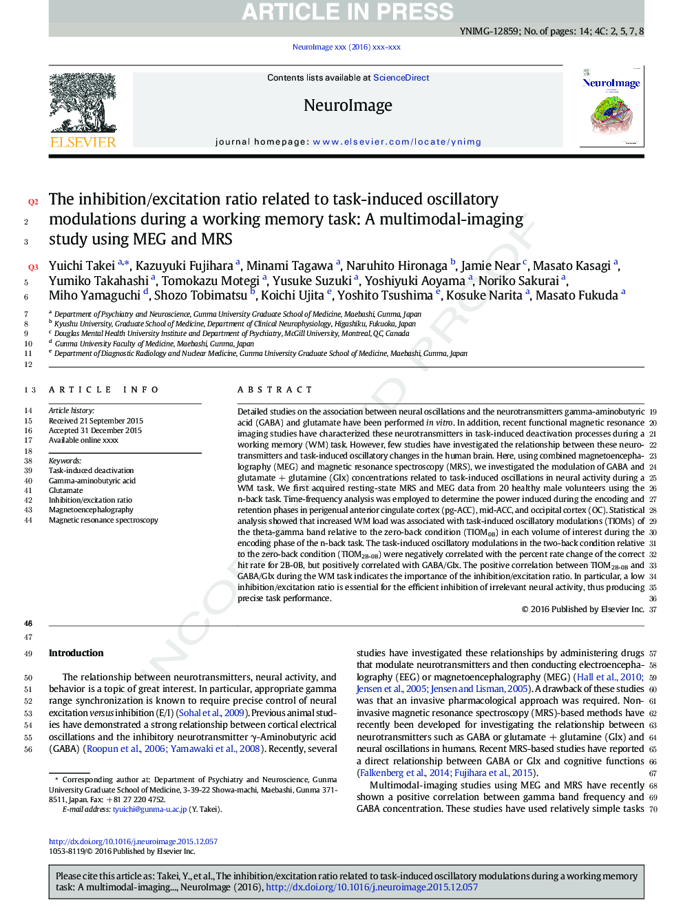 The inhibition/excitation ratio related to task-induced oscillatory modulations during a working memory task: A multtimodal-imaging study using MEG and MRS