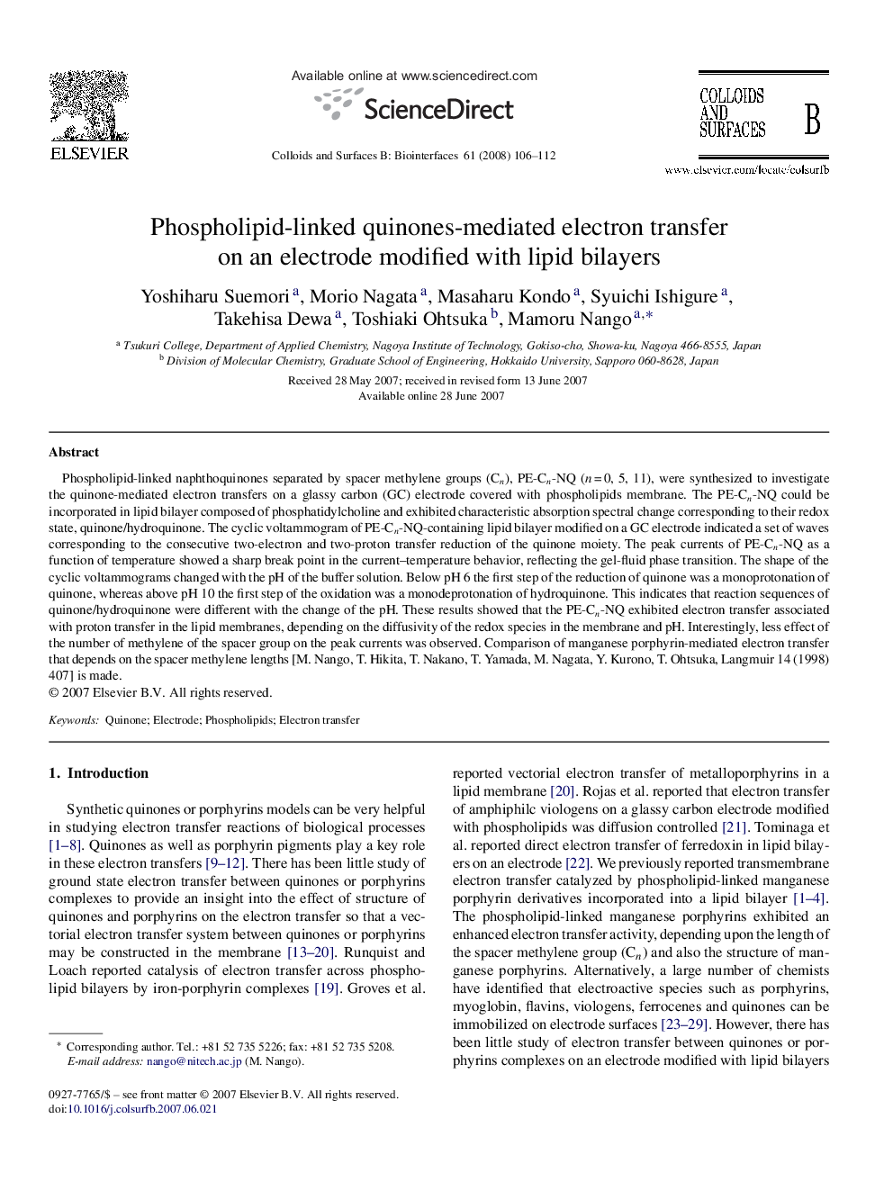 Phospholipid-linked quinones-mediated electron transfer on an electrode modified with lipid bilayers