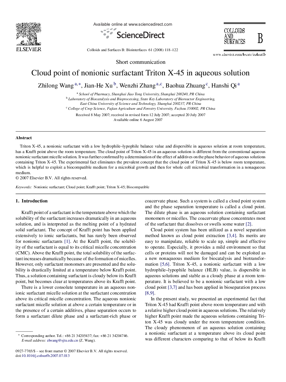 Cloud point of nonionic surfactant Triton X-45 in aqueous solution