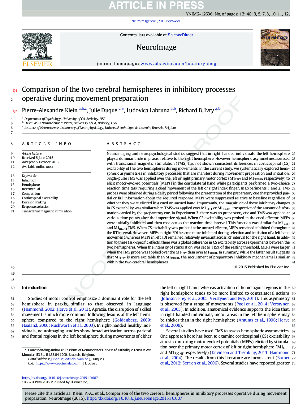 Comparison of the two cerebral hemispheres in inhibitory processes operative during movement preparation