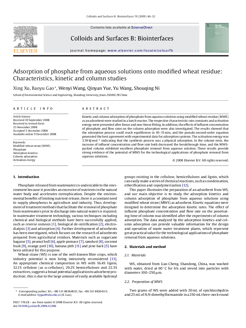 Adsorption of phosphate from aqueous solutions onto modified wheat residue: Characteristics, kinetic and column studies