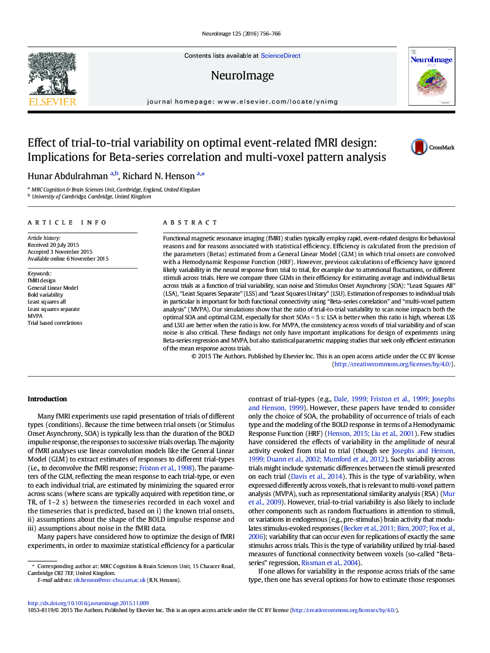 Effect of trial-to-trial variability on optimal event-related fMRI design: Implications for Beta-series correlation and multi-voxel pattern analysis