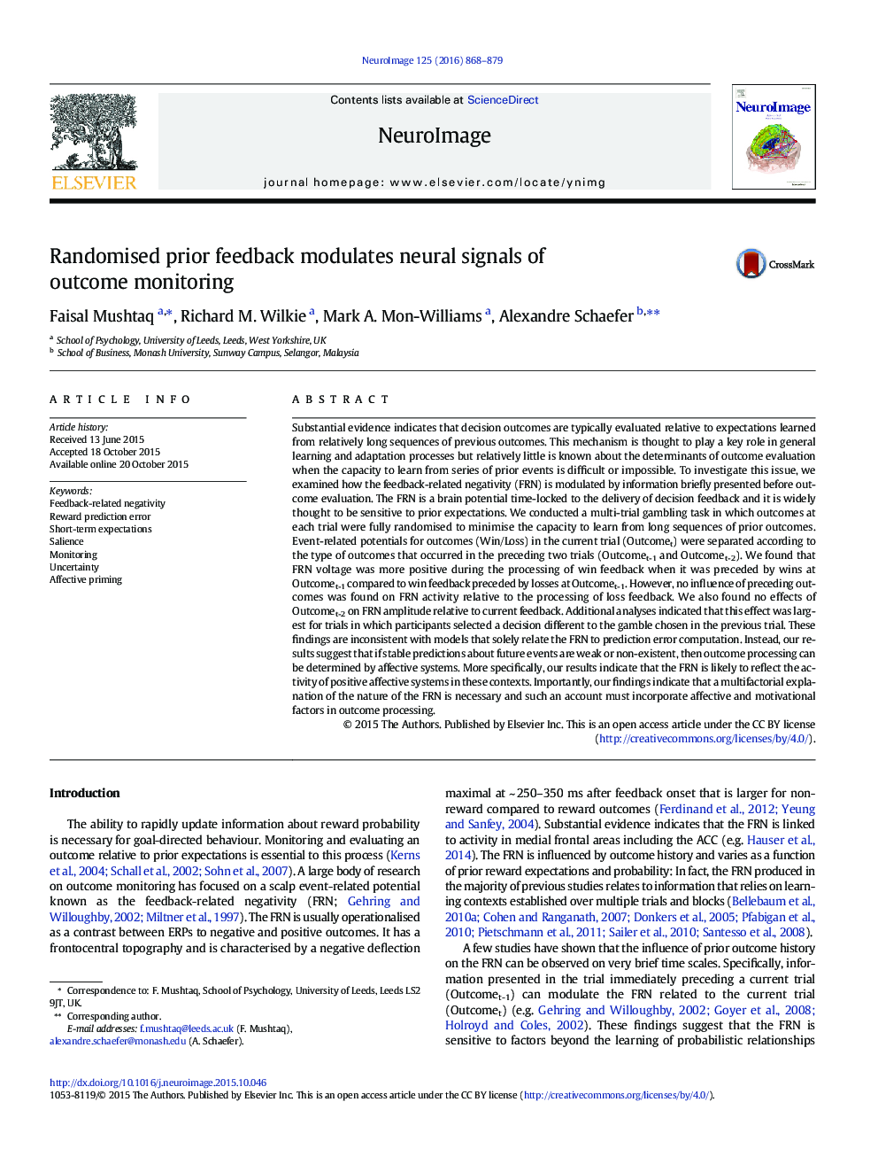 Randomised prior feedback modulates neural signals of outcome monitoring