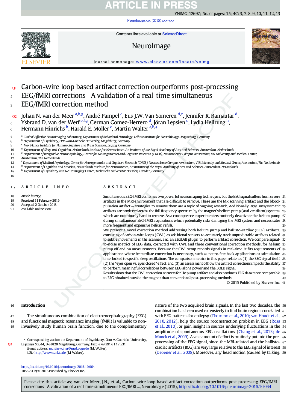 عکس صفحه اول مقاله: Carbon-wire loop based artifact correction outperforms post-processing EEG/fMRI corrections-A validation of a real-time simultaneous EEG/fMRI correction method Carbon-wire loop based artifact correction outperforms post-processing EEG/fMRI corrections-A validation of a real-time simultaneous EEG/fMRI correction method