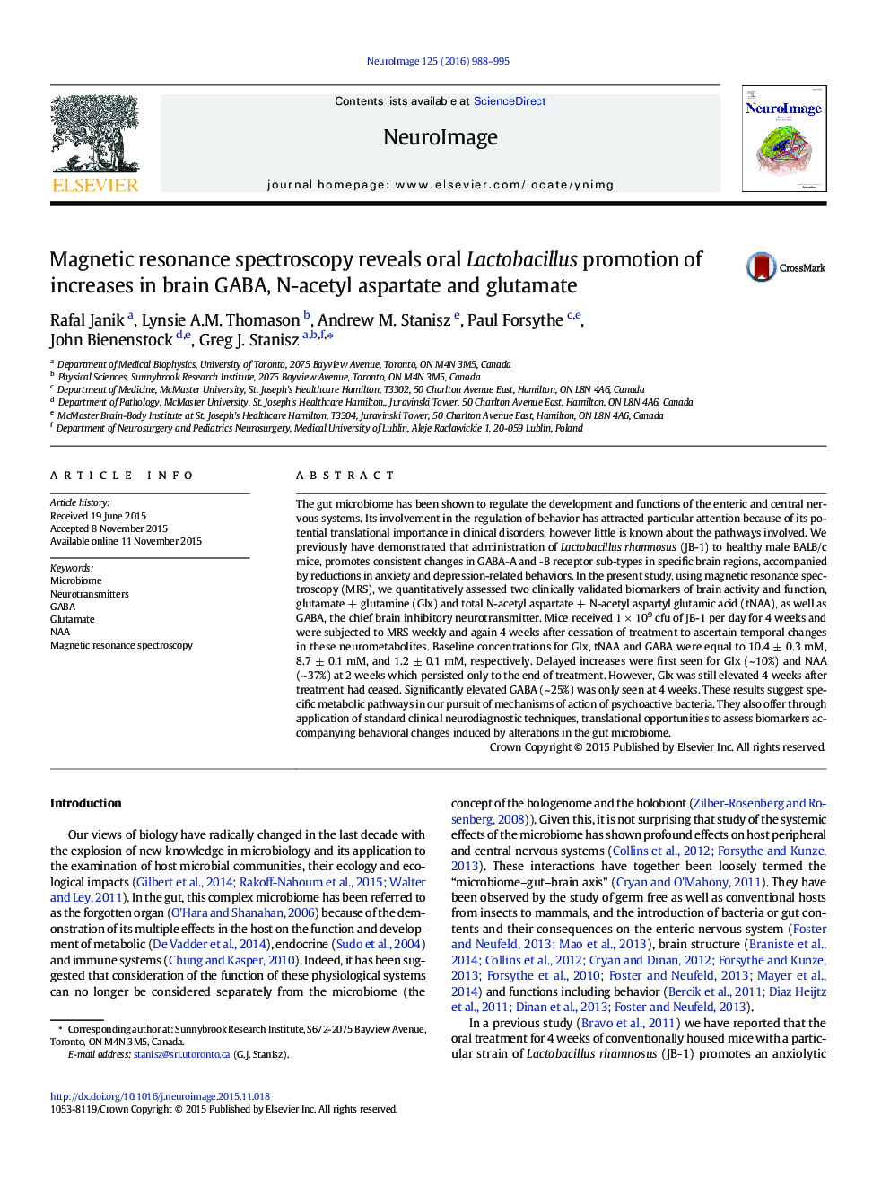 Magnetic resonance spectroscopy reveals oral Lactobacillus promotion of increases in brain GABA, N-acetyl aspartate and glutamate