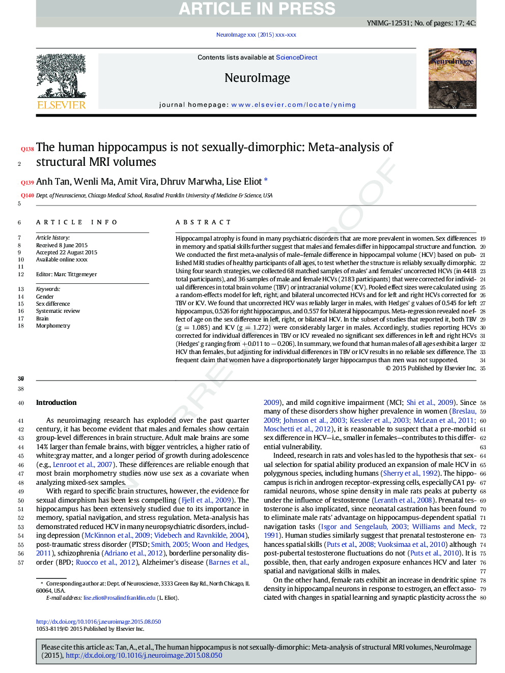 The human hippocampus is not sexually-dimorphic: Meta-analysis of structural MRI volumes