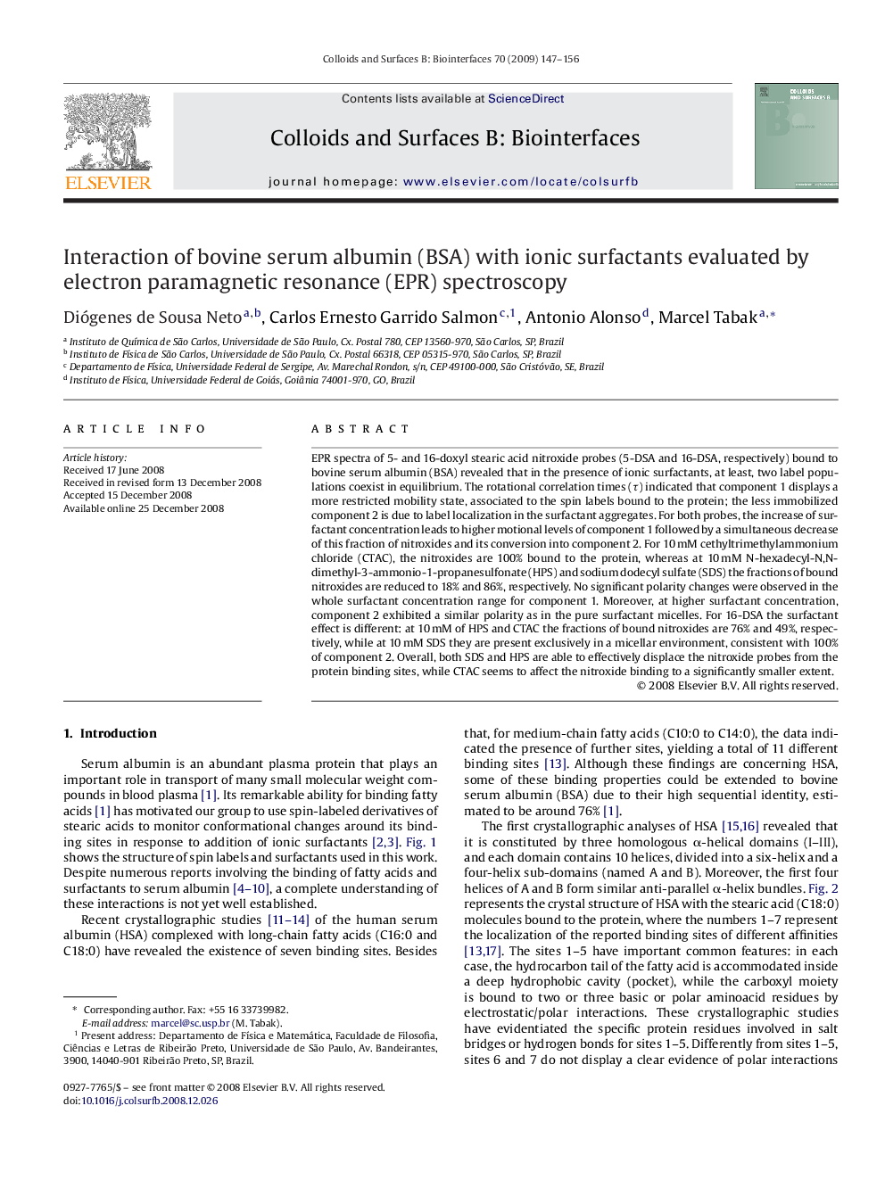 Interaction of bovine serum albumin (BSA) with ionic surfactants evaluated by electron paramagnetic resonance (EPR) spectroscopy