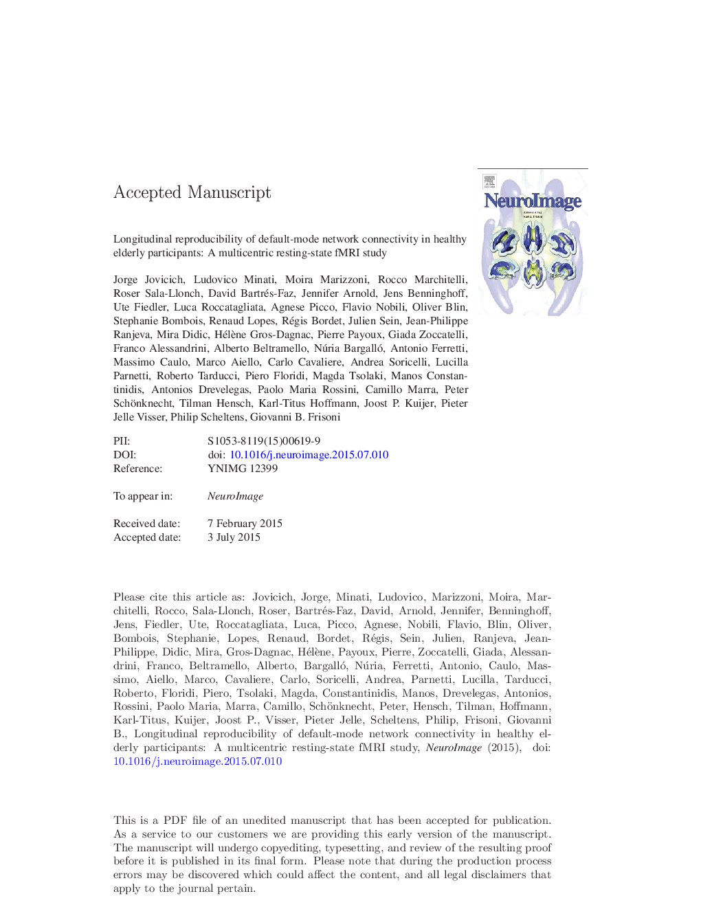 Longitudinal reproducibility of default-mode network connectivity in healthy elderly participants: A multicentric resting-state fMRI study