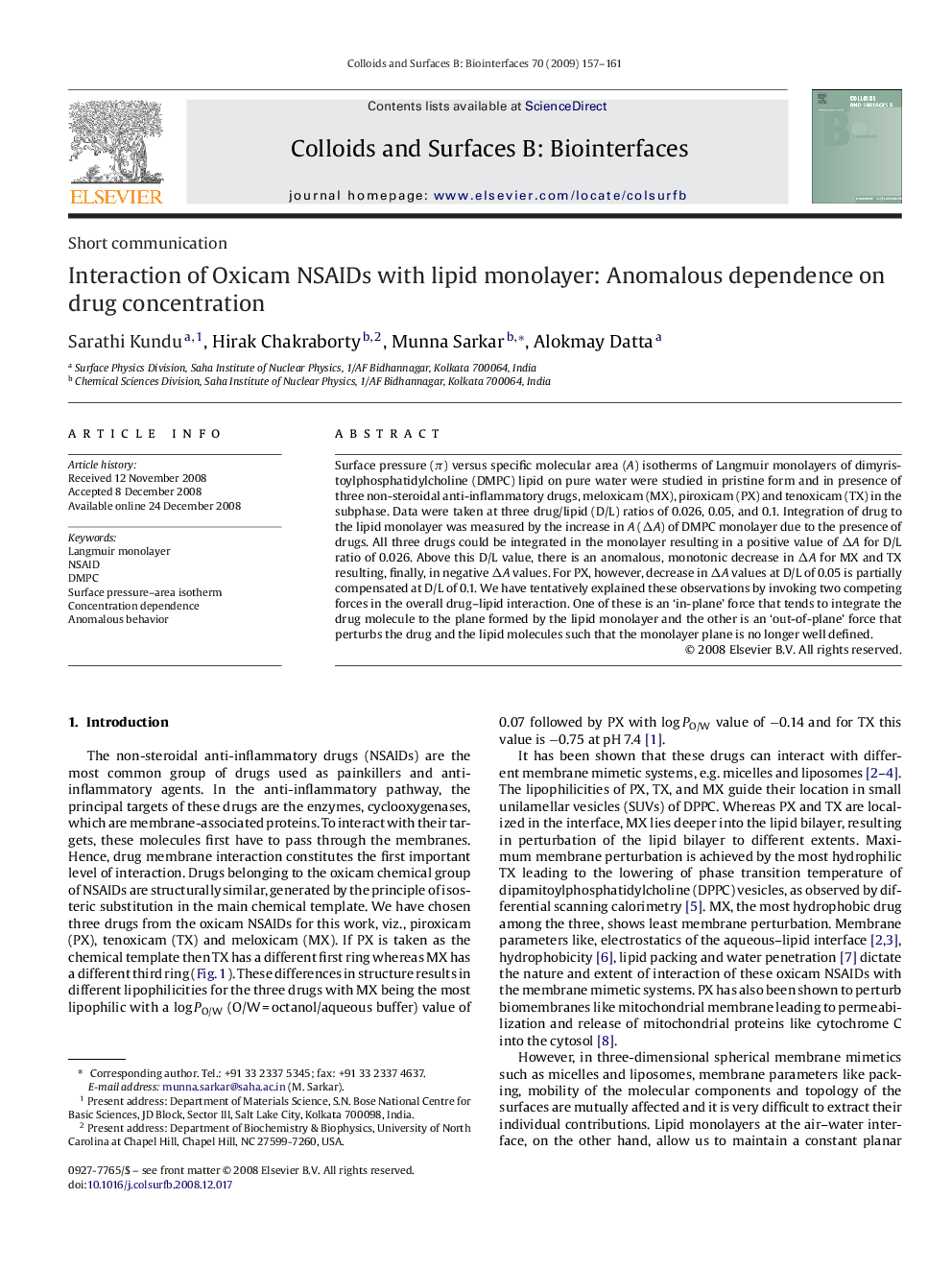 Interaction of Oxicam NSAIDs with lipid monolayer: Anomalous dependence on drug concentration