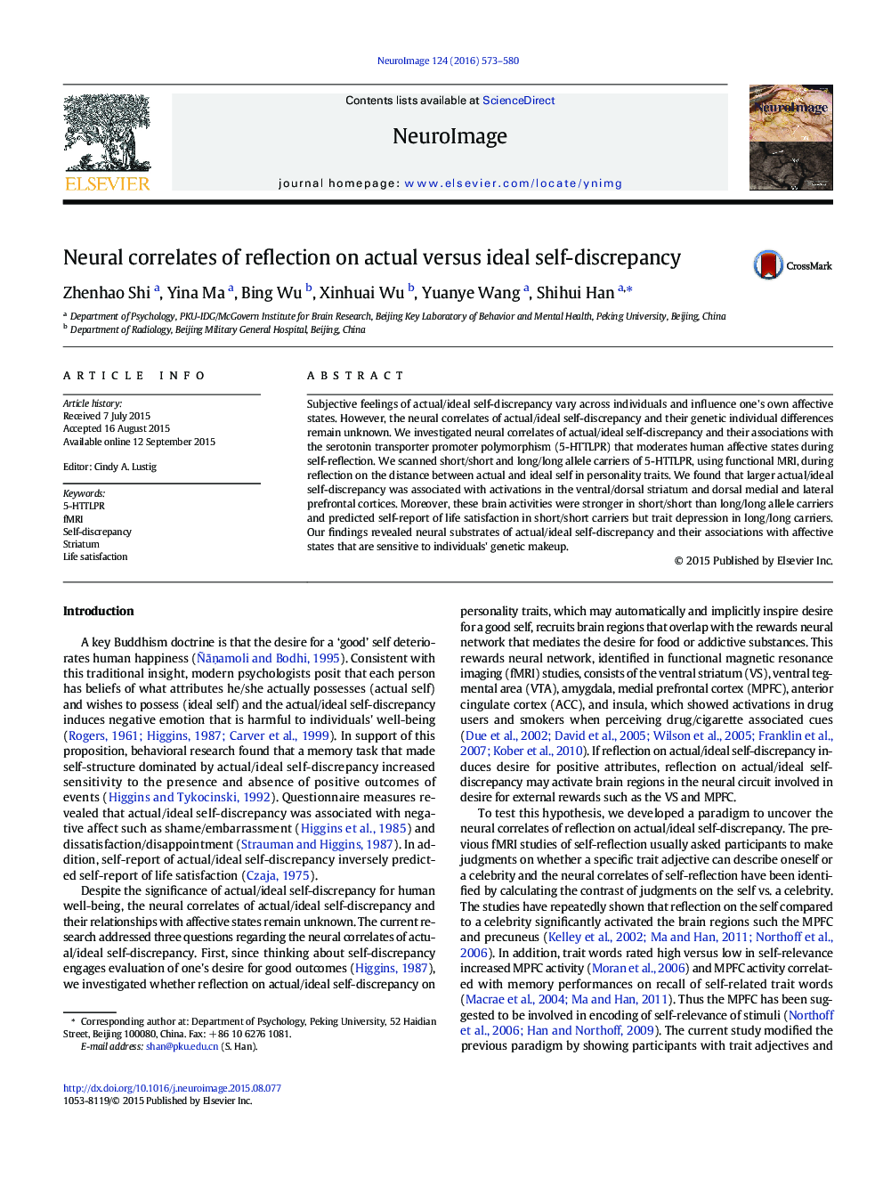 Neural correlates of reflection on actual versus ideal self-discrepancy