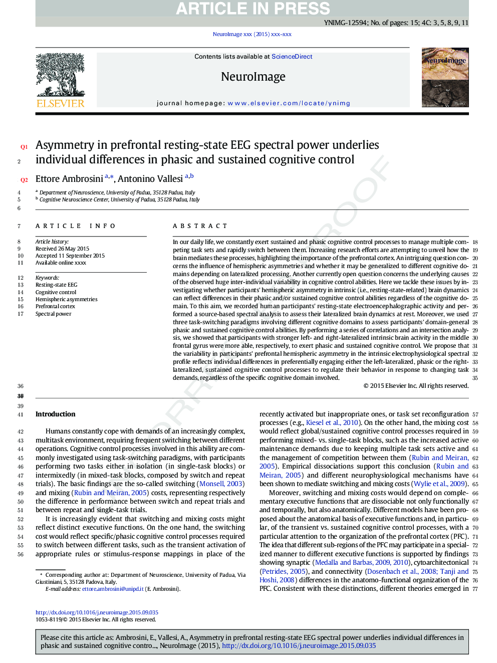 Asymmetry in prefrontal resting-state EEG spectral power underlies individual differences in phasic and sustained cognitive control