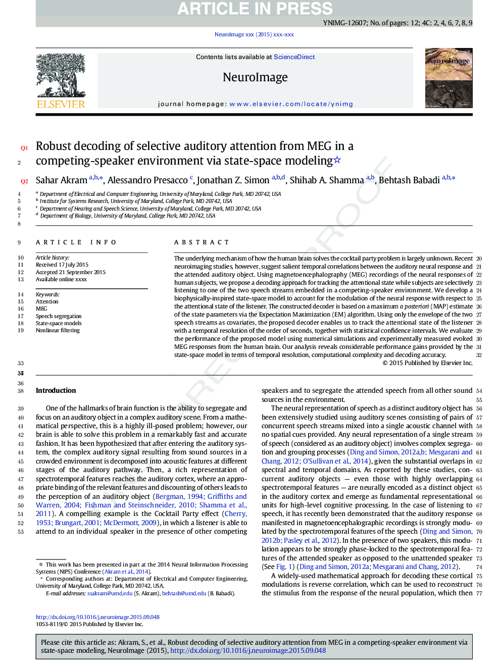 Robust decoding of selective auditory attention from MEG in a competing-speaker environment via state-space modeling