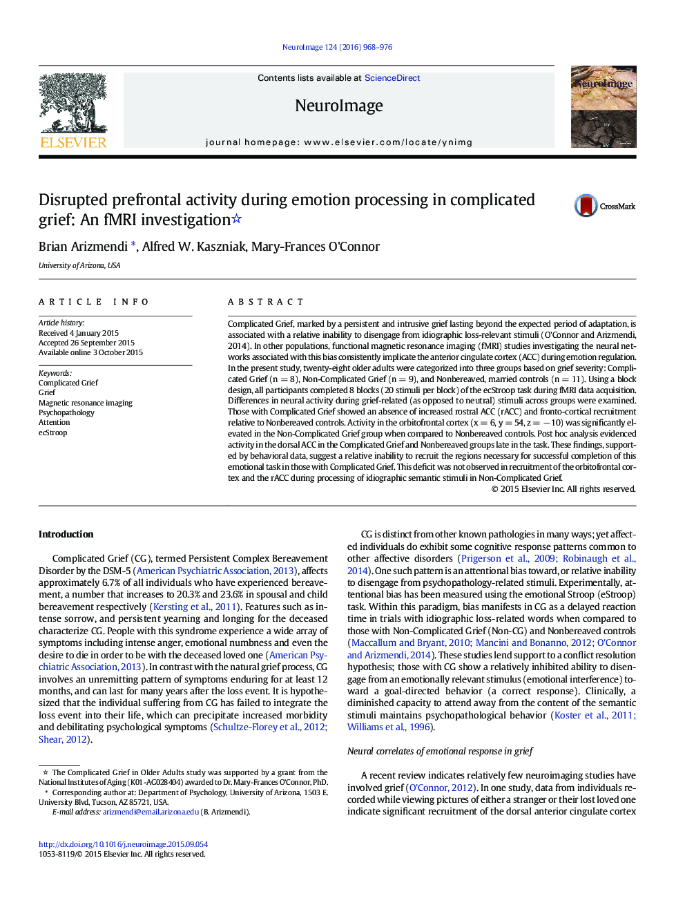 Disrupted prefrontal activity during emotion processing in complicated grief: An fMRI investigation