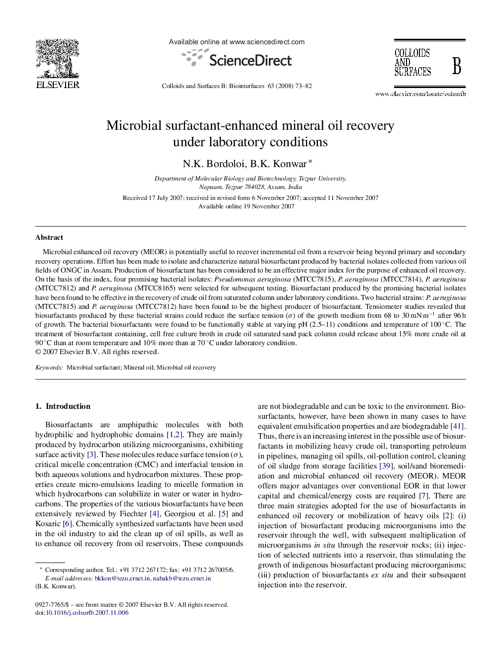 Microbial surfactant-enhanced mineral oil recovery under laboratory conditions