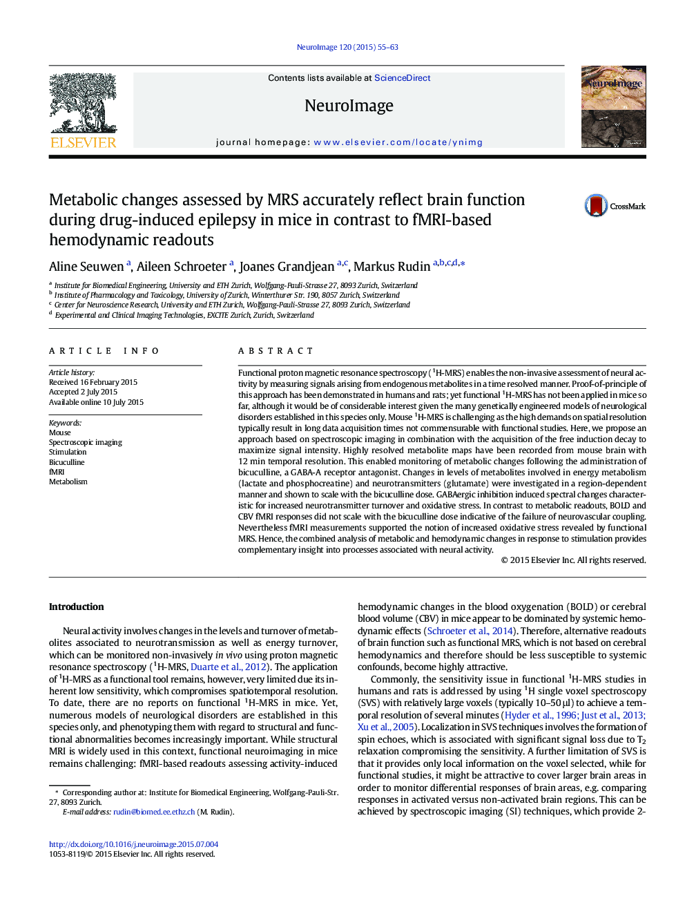 Metabolic changes assessed by MRS accurately reflect brain function during drug-induced epilepsy in mice in contrast to fMRI-based hemodynamic readouts