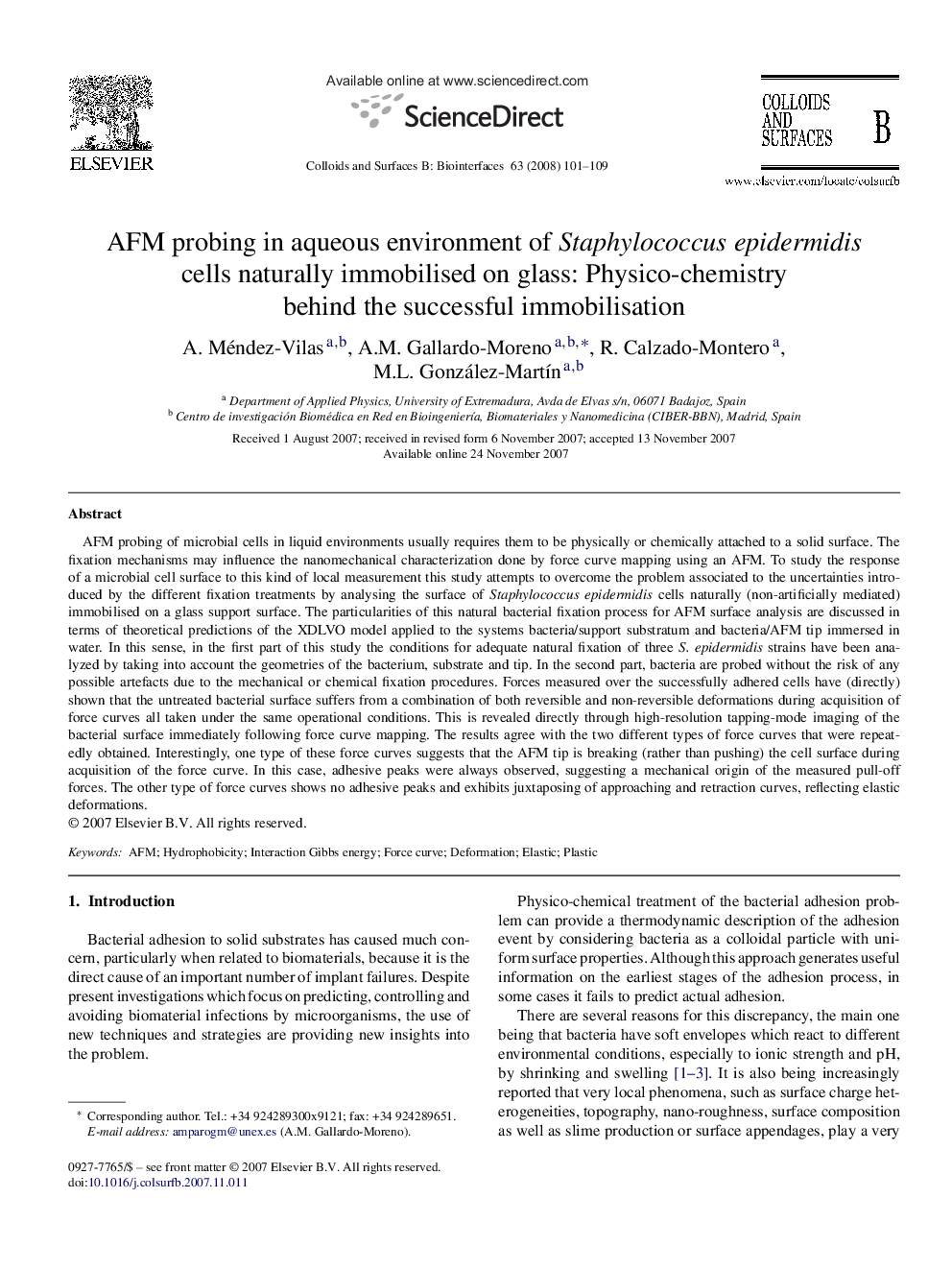 AFM probing in aqueous environment of Staphylococcus epidermidis cells naturally immobilised on glass: Physico-chemistry behind the successful immobilisation