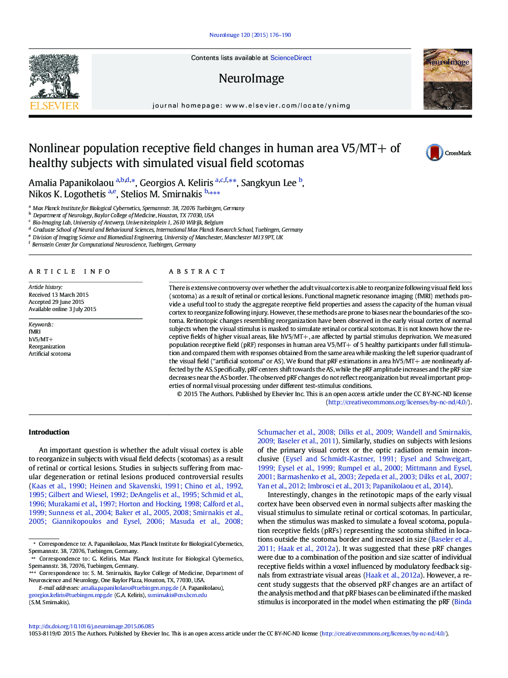 Nonlinear population receptive field changes in human area V5/MT+ of healthy subjects with simulated visual field scotomas