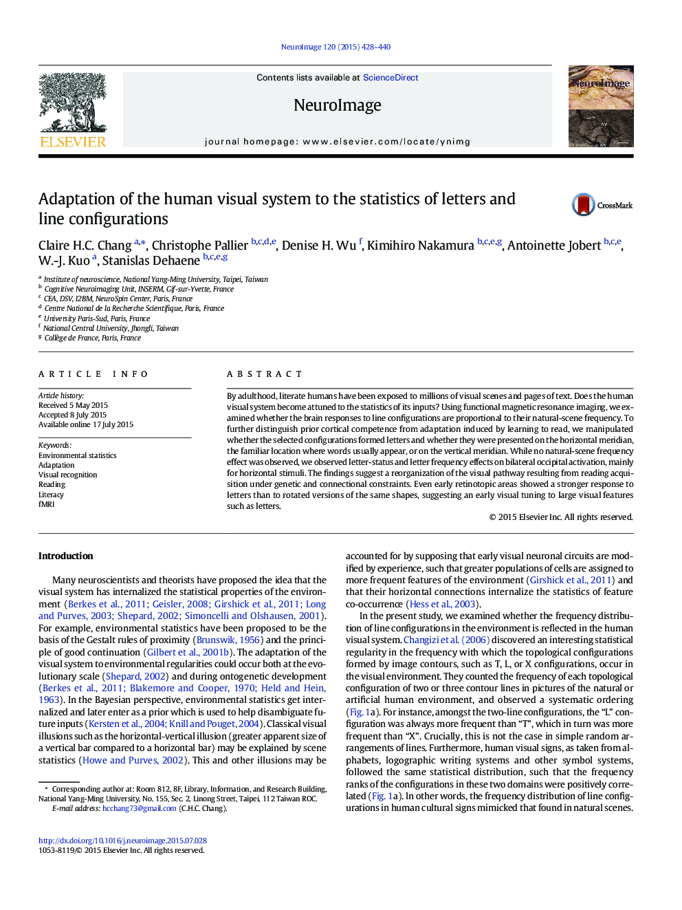 Adaptation of the human visual system to the statistics of letters and line configurations