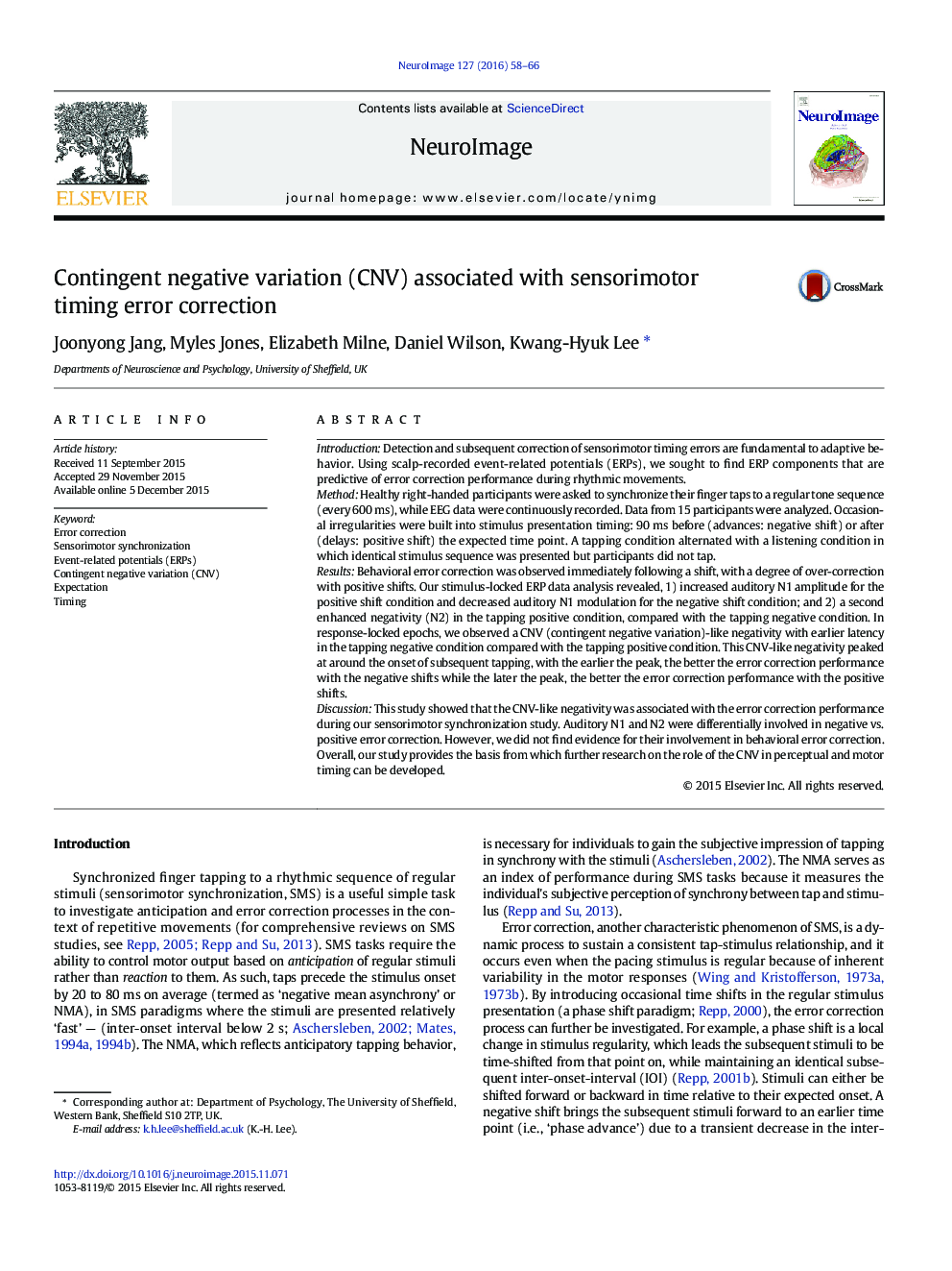 Contingent negative variation (CNV) associated with sensorimotor timing error correction