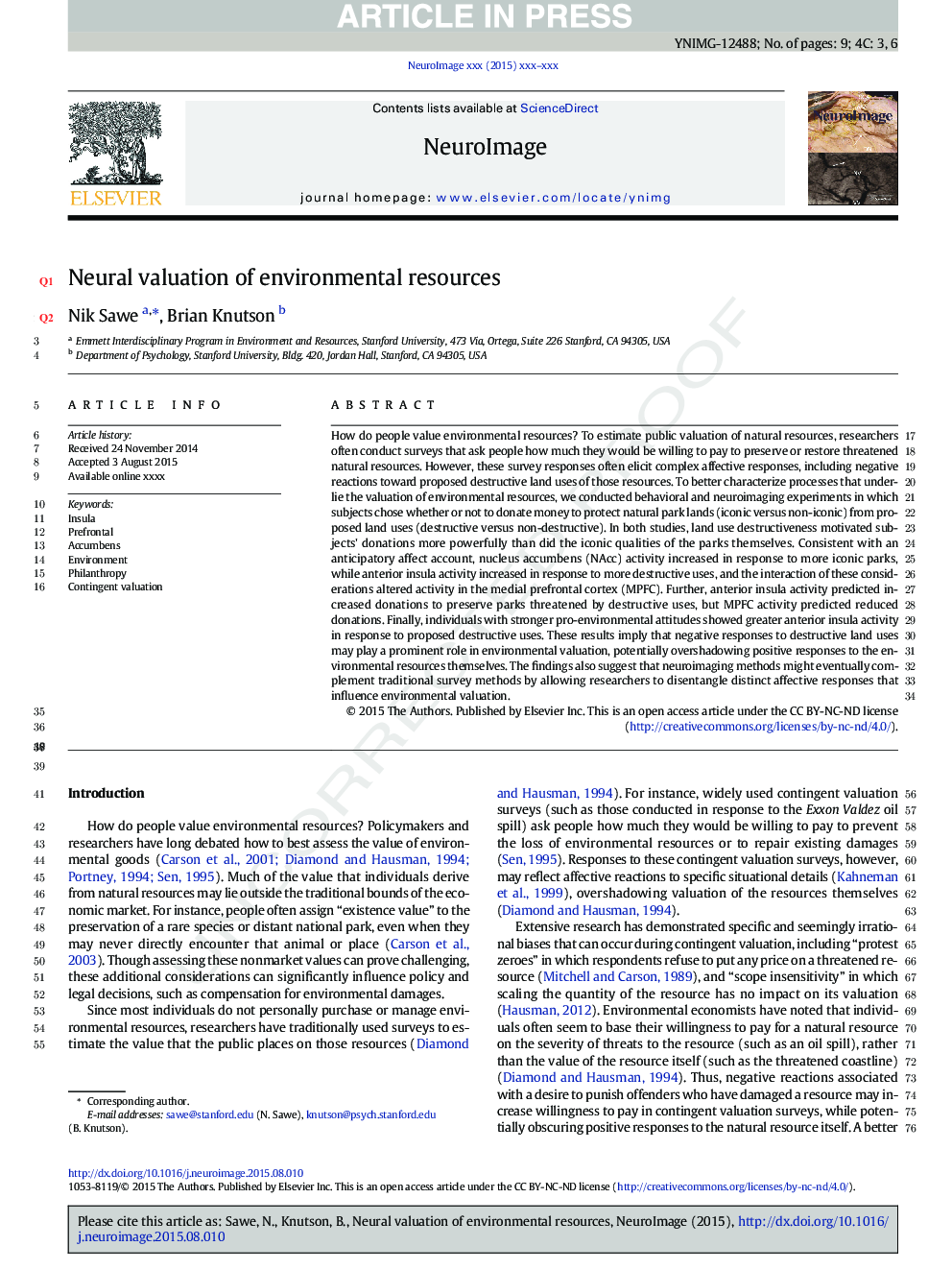 Neural valuation of environmental resources